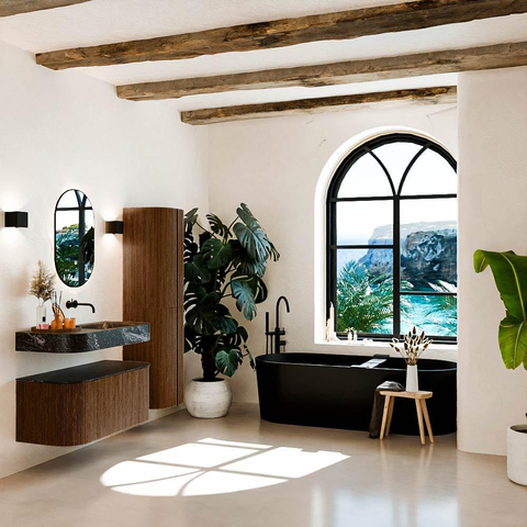 MONDIAZ THOR-DLUX 100cm meuble de salle de bains arrondi gauche + droite couleur Walnut avec 1 tiroir et 2 portes. Vasque suspendue CLOUD Droite sans trou de robinet couleur Lava. SW1467367