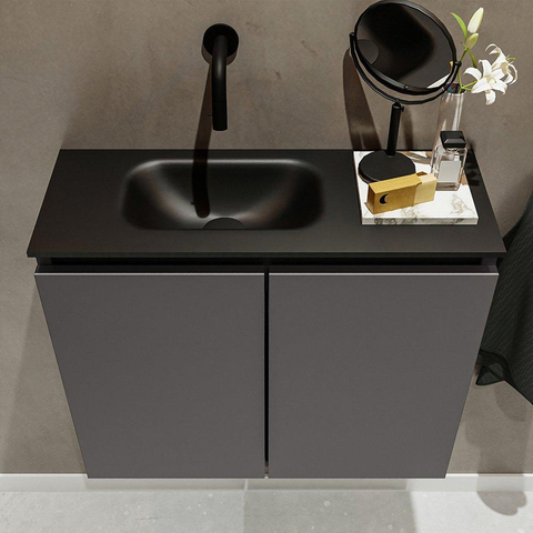MONDIAZ TURE Toiletmeubel 60x23x50cm met 0 kraangaten 2 deuren dark grey mat Wastafel Eden links Solid Surface Zwart SW475278