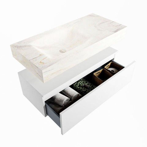 MONDIAZ ALAN - DLUX Ensemble meuble de salle de bains - 100cm - meuble bas - Talc - 1 tiroir - lavabo suspendu - cuve à gauche - 1 trou de robinet - Ostra SW806994