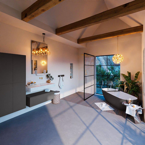 Mondiaz ALAN-DLUX Ensemble de meuble - 100cm - meuble Dark grey mat - 1 tiroir - Lavabo Cloud Opalo suspendu - vasque Droite - 0 trous de robinet SW806227