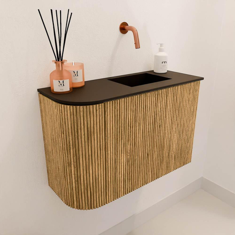 Mondiaz JOYA 61.6cm meuble de toilette - arrondi gauche couleur Oak - Vasque FAYE position Droite Sans trou de robinet couleur Urban SW1421201