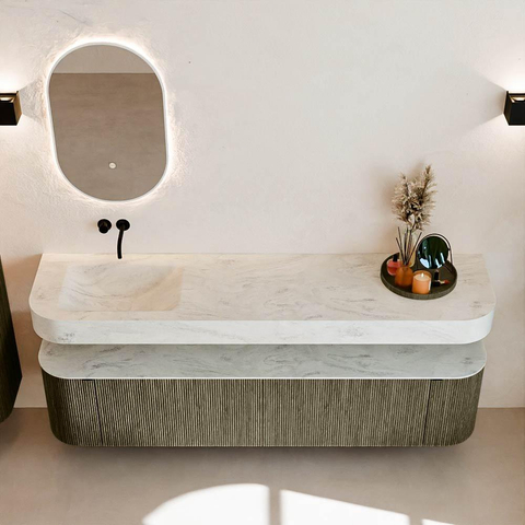 MONDIAZ THOR-DLUX Meuble de salle de bains 190cm arrondi gauche + droite couleur Shadow avec 2 tiroirs et 2 portes. Vasque suspendue CLOUD Gauche sans trou de robinet couleur Opalo. SW1466571