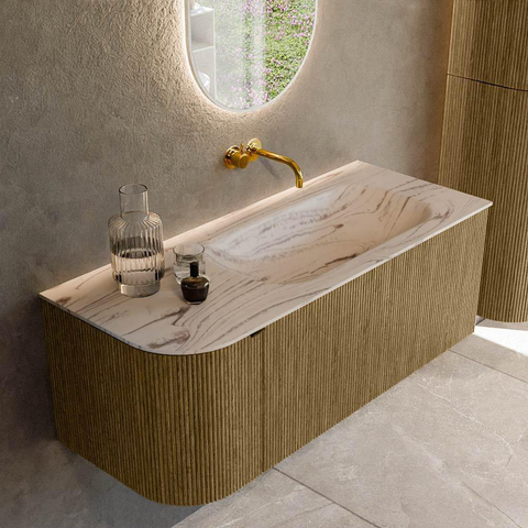 MONDIAZ KURVE-DLUX Meuble de salle de bains 115cm arrondi à gauche couleur Dusk avec 1 tiroir et 1 porte. Lavabo BIG SMALL à droite sans trou de robinet Nata. SW1432388