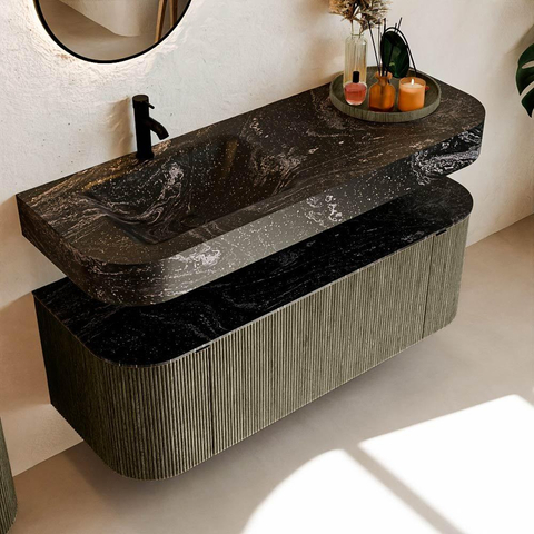 MONDIAZ THOR-DLUX Meuble de salle de bains 130cm arrondi gauche + droite couleur Shadow avec 1 tiroir et 2 portes. Vasque suspendue CLOUD Gauche 1 trou de robinet couleur Lava. SW1463730