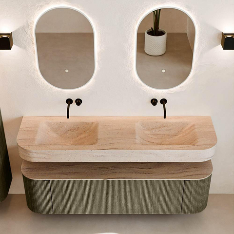MONDIAZ THOR-DLUX 160cm meuble de salle de bains arrondi gauche + droite couleur Shadow avec 1 tiroir et 2 portes. Vasque suspendue CLOUD Double sans trou de robinet couleur Saba. SW1465359