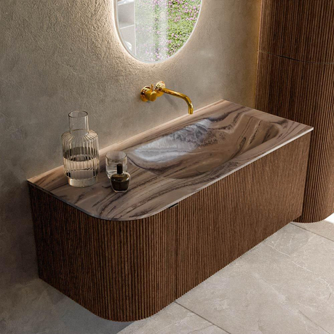MONDIAZ KURVE-DLUX 105cm badmeubel ronding Links kleur Walnut met 1 lade en 1 deur. Wastafel BIG SMALL Rechts zonder kraangat Sombra. SW1433645