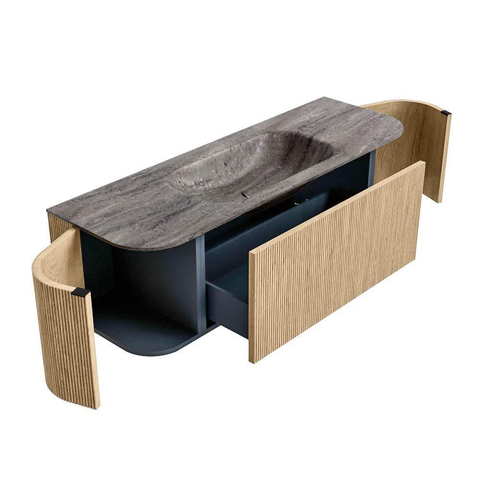 MONDIAZ KURVE-DLUX 140cm badmeubel ronding Links + Rechts kleur Oak met 1 lade en 2 deuren. Wastafel BIG SMALL Midden zonder kraangat Oza. SW1432628