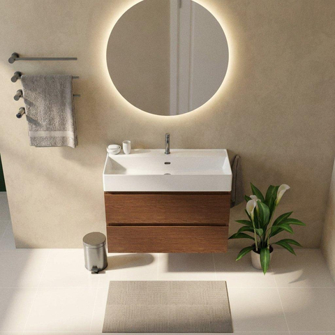 Saniclass Holz Pure Ensemble meuble de salle de bains - 100x45x72cm - Legend lavabo en céramique blanc - 1 vasque - 1 trou de robinetterie - 2 tiroirs - noyer pure mat (bois) SW1478496