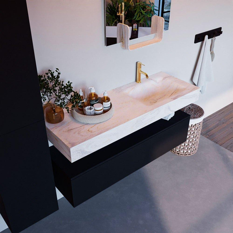 Mondiaz ALAN-DLUX Ensemble de meuble - 130cm - meuble Urban mat - 1 tiroir - Lavabo Cloud Ostra suspendu - vasque droite - 1 trou de robinet SW807343