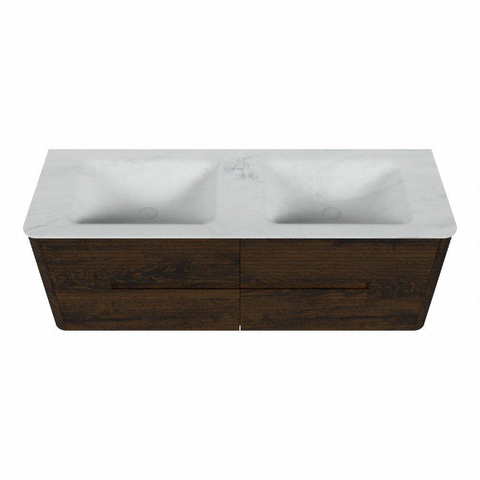 Mondiaz CIRO-DLUX Meuble de salle de bains - 140x45x50cm - Plan vasque solid surface Opalo - 2 vasques Double - sans trous de robinetterie - 4 tiroirs - Noyer SW1530335