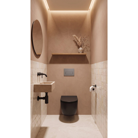 QeramiQ Dely Swirl Toiletset - inbouwreservoir Qeramiq Flush - 35mm zitting - kunststof licht grijs bedieningsplaat - rechthoekige knoppen - mat zwart SW1578298