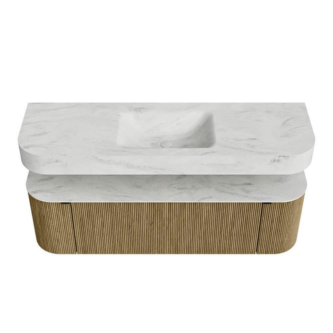 MONDIAZ THOR-DLUX 150cm meuble de salle de bains arrondi gauche + droite couleur Dusk avec 1 tiroir et 2 portes. Vasque suspendue CLOUD Milieu sans trou de robinet couleur Opalo. SW1467669