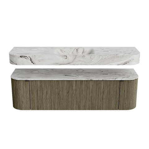 MONDIAZ THOR-DLUX 160cm badmeubel ronding links + rechts kleur Shadow met 1 lade en 2 deuren. Vrijhangende wastafel CLOUD Midden zonder kraangat kleur Glace. SW1465087