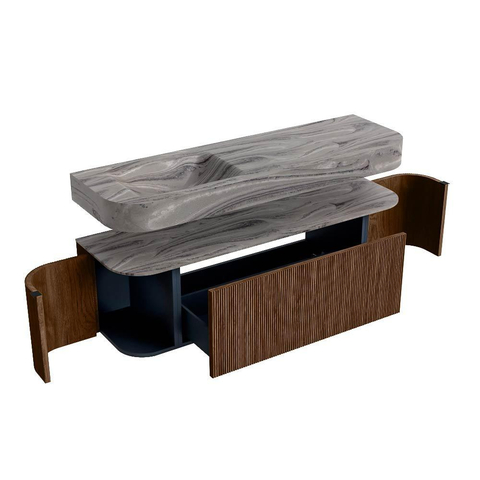 MONDIAZ THOR-DLUX 150cm meuble de salle de bains arrondi gauche + droite couleur Walnut avec 1 tiroir et 2 portes. Vasque suspendue CLOUD Gauche 1 trou de robinet couleur Sombra. SW1464913