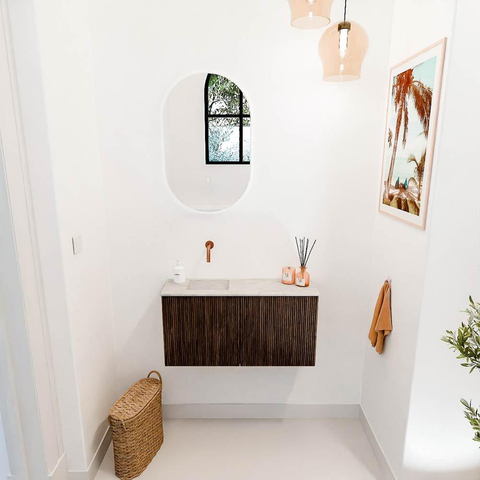 Mondiaz JOYA-DLUX 80cm toiletmeubel - kleur Walnut - Wastafel FAYE positie Links Zonder kraangat kleur Ostra. SW1422599