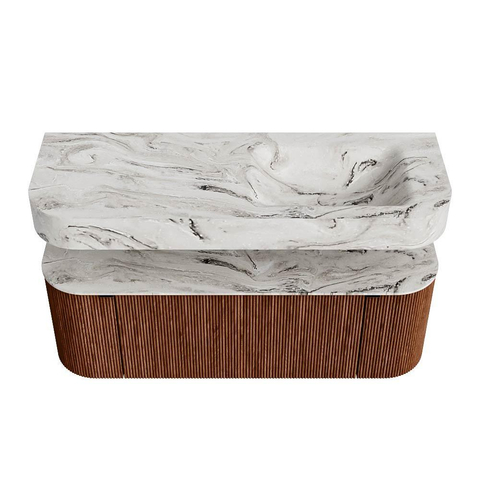 MONDIAZ THOR-DLUX 130cm meuble de salle de bains arrondi gauche + droite couleur Ruby avec 1 tiroir et 2 portes. Vasque suspendue CLOUD droite sans trou de robinet couleur Glace. SW1463672