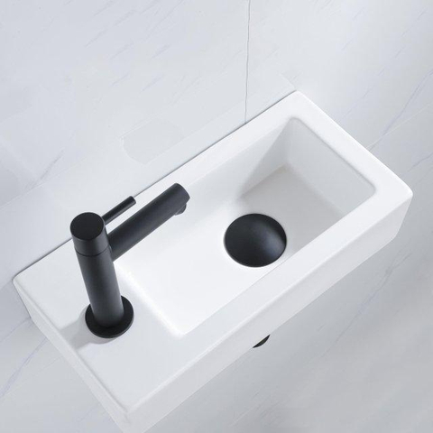 QeramiQ Fuente pack lave-mains – 37,5 x 18,5 x 9 cm – céramique blanc brillant – perçage à gauche – robinet noir mat SW1232726