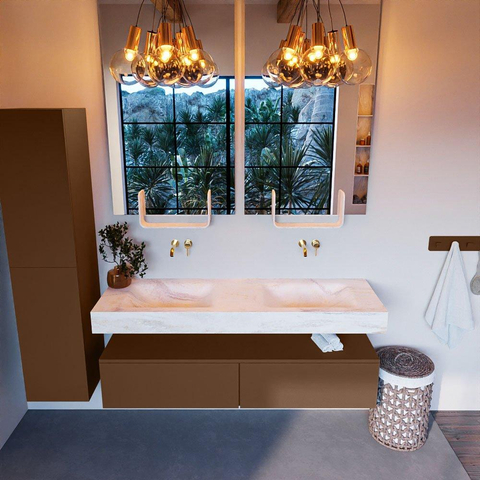 Mondiaz ALAN-DLUX Ensemble de meuble - 150cm - meuble Rust mat - 2 tiroirs - Lavabo Cloud Ostra suspendu - vasque gauche et droite - 0 trous de robinet SW807403