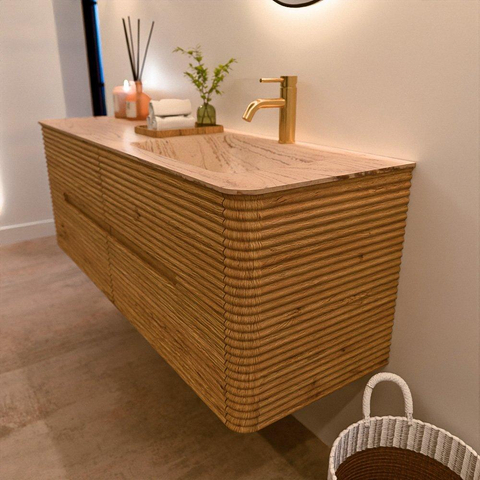 Mondiaz CIRO-DLUX Badkamermeubelset - 140x45x50cm - Solid surface wastafel Arena - 1 wasbak Rechts - 1 kraangat - 4 lades - Oak SW1531340