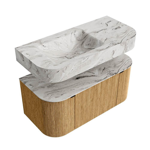 MONDIAZ THOR-DLUX 100cm badmeubel ronding links + rechts kleur Oak met 1 lade en 2 deuren. Vrijhangende wastafel CLOUD Links zonder kraangat kleur Glace. SW1467301