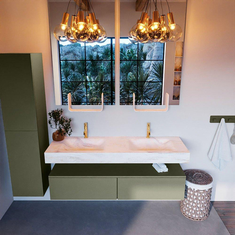Mondiaz ALAN-DLUX Ensemble de meuble - 150cm - meuble - Army mat - 2 tiroirs - Lavabo Cloud Ostra suspendu - vasque gauche et droite - 2 trous de robinet - Beige SW807796