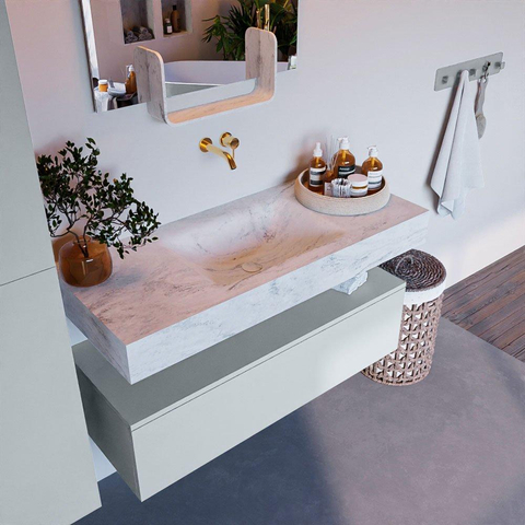 Mondiaz ALAN-DLUX Ensemble de meuble - 110cm - meuble Clay mat - 1 tiroir - Lavabo Cloud Opalo suspendu - vasque Centre - 0 trous de robinet SW806970