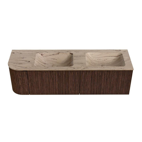MONDIAZ KURVE-DLUX Meuble de salle de bains 155cm arrondi à gauche couleur Walnut avec 2 tiroirs et 1 porte. Lavabo LEAF Double / À droite 2 trous de robinet Arena. SW1431235