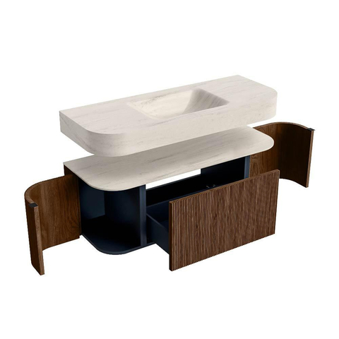 MONDIAZ THOR-DLUX 120cm meuble de salle de bains arrondi gauche + droite couleur Walnut avec 1 tiroir et 2 portes. Vasque suspendue CLOUD Milieu sans trou de robinet couleur Meli. SW1463292