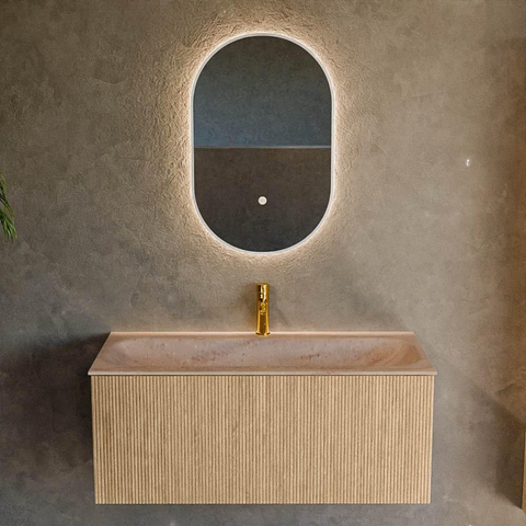 MONDIAZ KURVE-DLUX 100cm badmeubel kleur Oak met 1 lade en 0 deuren. Wastafel BIG MEDIUM Midden 1 kraangat Saba. SW1433084