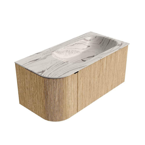 MONDIAZ KURVE-DLUX Meuble de salle de bains 95cm arrondi à gauche couleur Oak avec 1 tiroir et 1 porte. Lavabo BIG SMALL à droite 1 trou de robinet Nata. SW1432065