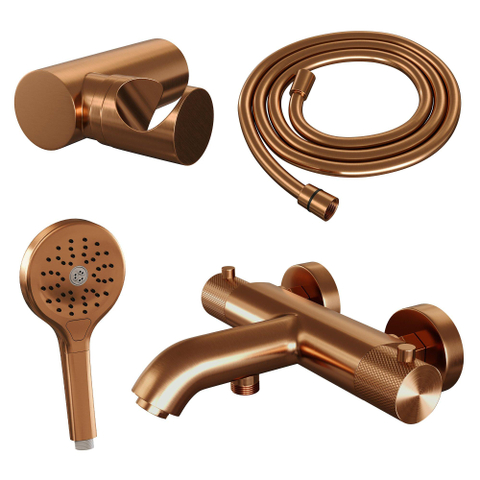 Robinet de baignoire en cuivre Brauer - ensemble de douche - douchette ronde 3 positions - bouton sculpté - PVD - cuivre brossé SW1164685