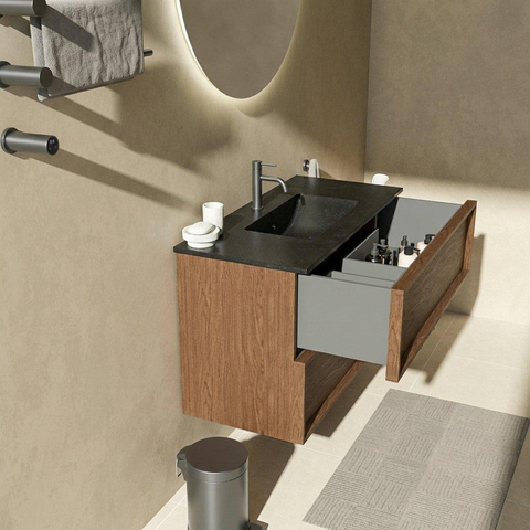 Saniclass Holz Frame Ensemble meuble de salle de bains - 100x45x62cm - Vasque Vygo en céramique noire - 1 vasque - 1 trou de robinetterie - 2 tiroirs - walnut pure mat (bois) SW1580012