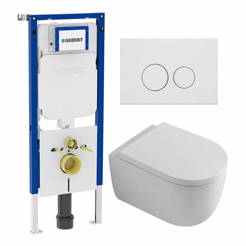Toiletset QeramiQ Dely Swirl - 36,3x51,7cm - à fond creux - sans bride - réservoir encastré Geberit UP720 Duofix Sigma - assise de 35mm - plaque de déclenchement en métal blanc mat - boutons ronds - blanc mat SW1413905