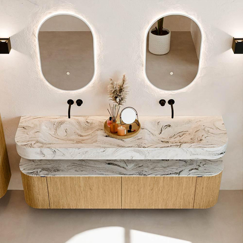 MONDIAZ THOR-DLUX 180cm meuble de salle de bains arrondi gauche + droite couleur Oak avec 2 tiroirs et 2 portes. Vasque suspendue CLOUD Double sans trou de robinet couleur Glace. SW1465886