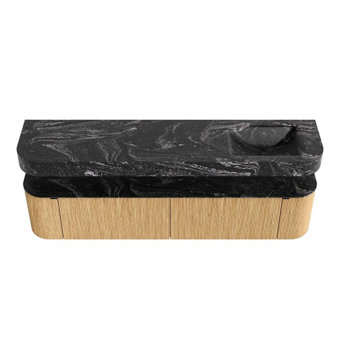 MONDIAZ THOR-DLUX 200cm meuble de salle de bains arrondi gauche + droite couleur Chêne avec 2 tiroirs et 2 portes. Vasque suspendue CLOUD Droite sans trou de robinet couleur Lava. SW1466940