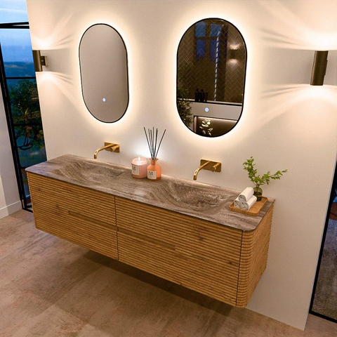 Mondiaz CIRO-DLUX Ensemble de meubles de salle de bains - 180x45x50cm - Vasque en solid surface Oza - 2 bassins Double - sans trous de robinet - 4 tiroirs - Chêne SW1531211
