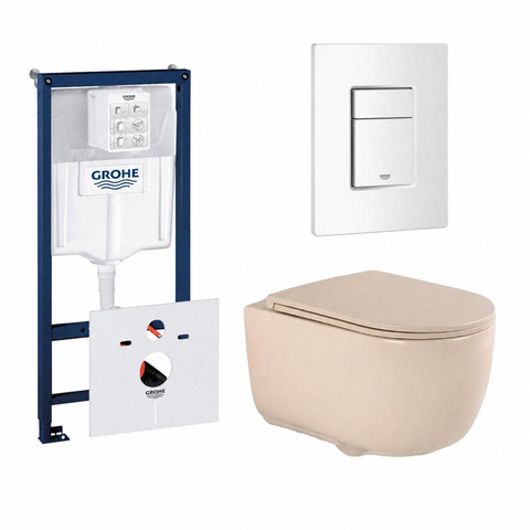 QeramiQ Dely Swirl Toiletset - 36.5x 53cm - Grohe Rapid inbouwreservoir - slim zitting - witte bedieningsplaat - rechthoekige knoppen - beige SW1130207