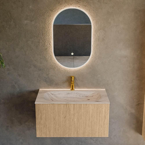 MONDIAZ KURVE-DLUX 80cm badmeubel kleur Oak met 1 lade en 0 deuren. Wastafel BIG SMALL Midden 1 kraangat Nata. SW1432084