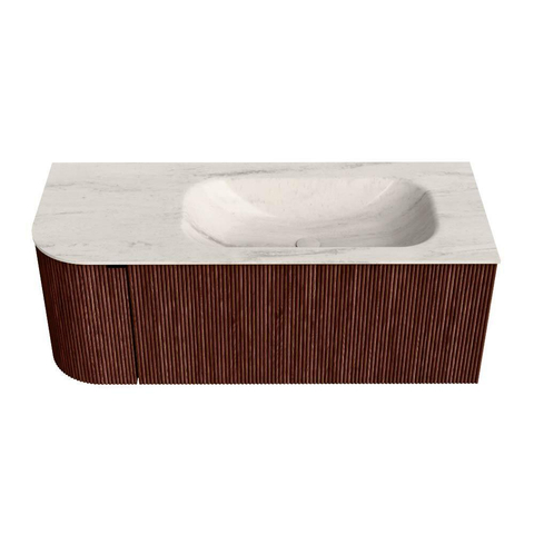 MONDIAZ KURVE-DLUX 115cm badmeubel ronding Links kleur Ruby met 1 lade en 1 deur. Wastafel BIG SMALL Rechts zonder kraangat Meli. SW1432035