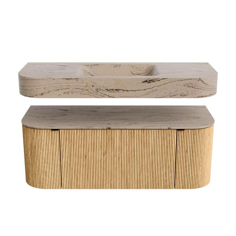 MONDIAZ THOR-DLUX Meuble de salle de bains 120cm arrondi gauche + droite couleur Oak avec 1 tiroir et 2 portes. Vasque suspendue CLOUD Milieu 1 trou de robinet couleur Arena. SW1463390