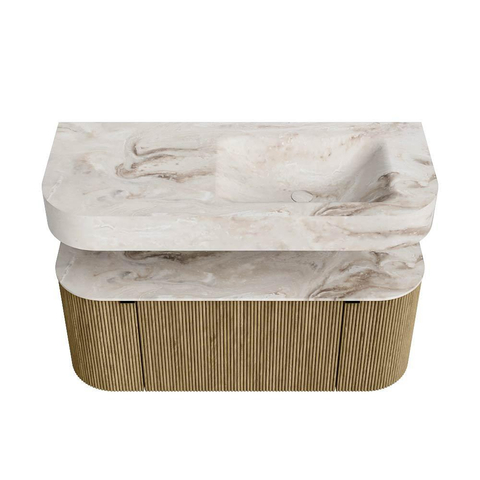 MONDIAZ THOR-DLUX 110cm meuble de salle de bains arrondi gauche + droite couleur Dusk avec 1 tiroir et 2 portes. Vasque suspendue CLOUD Droite sans trou de robinet couleur Frappe. SW1462811