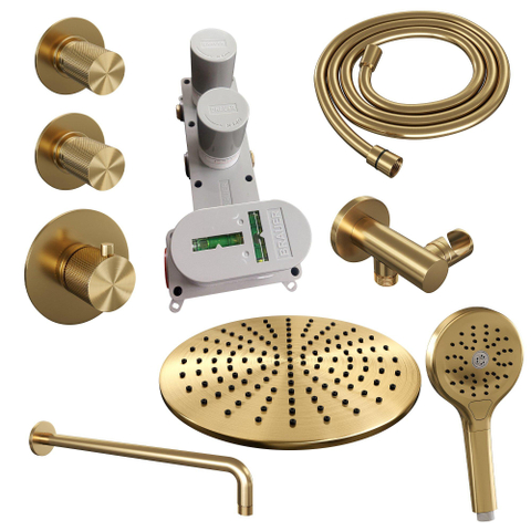 Brauer Gold Carving Colonne de douche thermostatique avec pommeau 30cm et bras mural courbé 40cm et douchette Rond 3 jet flexible lisse avec coude mural Or brossé PVD SW715536
