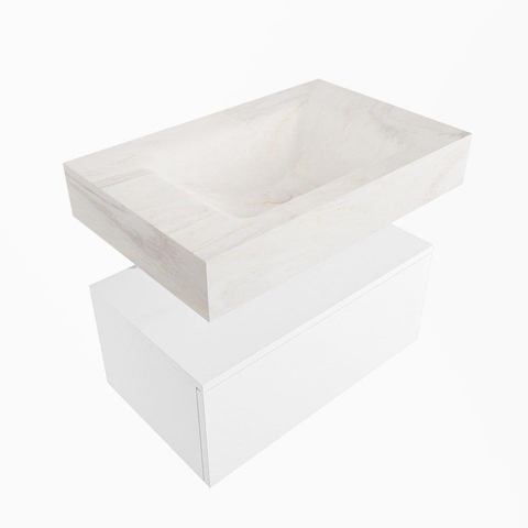 Mondiaz ALAN-DLUX Ensemble de meuble - 70cm - meuble Talc mat - 1 tiroir - Lavabo Cloud Ostra suspendu - vasque Centre - 0 trous de robinet SW806754