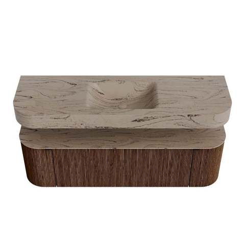 MONDIAZ THOR-DLUX 150cm badmeubel ronding links + rechts kleur Walnut met 1 lade en 2 deuren. Vrijhangende wastafel CLOUD Midden zonder kraangat kleur Arena. SW1464718