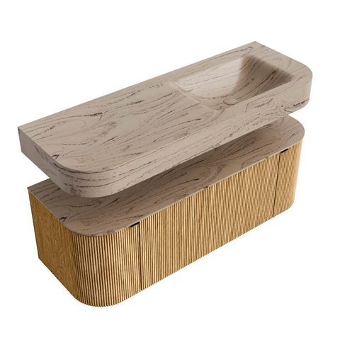 MONDIAZ THOR-DLUX Meuble de salle de bains 130cm arrondi gauche + droite couleur Oak avec 1 tiroir et 2 portes. Vasque suspendue CLOUD Droite 1 trou de robinet couleur Arena. SW1463788