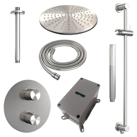 BRAUER Brushed Carving douche de pluie encastrée thermostatique - 3 voies - rond - set 90 - pomme de douche 30cm - bras de plafond - douchette barre - flexible de douche - barre de douche intégrée - inox brossé PVD SW1159179