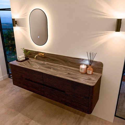 Mondiaz CIRO-DLUX Ensemble de meubles de salle de bains - 180x45x50cm - vasque solid surface Sombra - 1 bassin à gauche - sans trous de robinetterie - 4 tiroirs - Noyer SW1530806