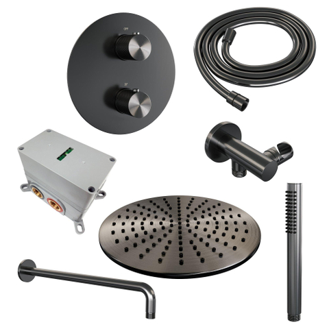 BRAUER Gunmetal Carving douche de pluie encastrée thermostatique - 3 voies - rond - set 76 - pomme de douche 30cm - bras mural courbé - douchette barre - flexible de douche - raccord mural - gunmetal brossé PVD SW1159120