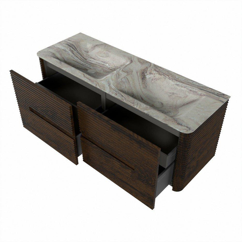 Mondiaz CIRO-DLUX Badkamermeubelset - 130x45x50cm - Solid surface wastafel Glace - 2 wasbak Dubbel - zonder kraangaten - 4 lades - Walnut SW1530249
