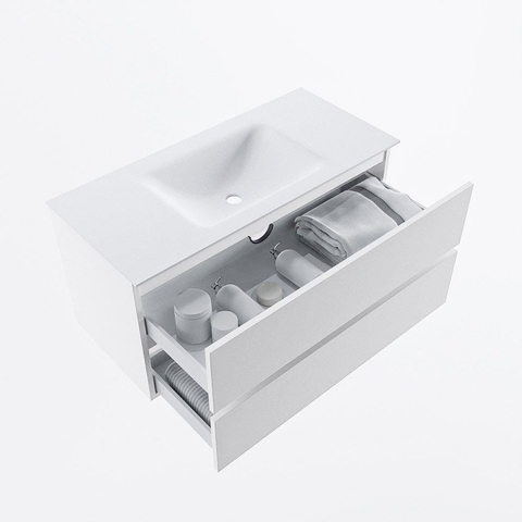 MONDIAZ VICA meuble sous lavabo 100cm Talc 2 tiroirs. Lavabo CLOUD milieu sans trou de robinet, couleur Talc. SW1381943
